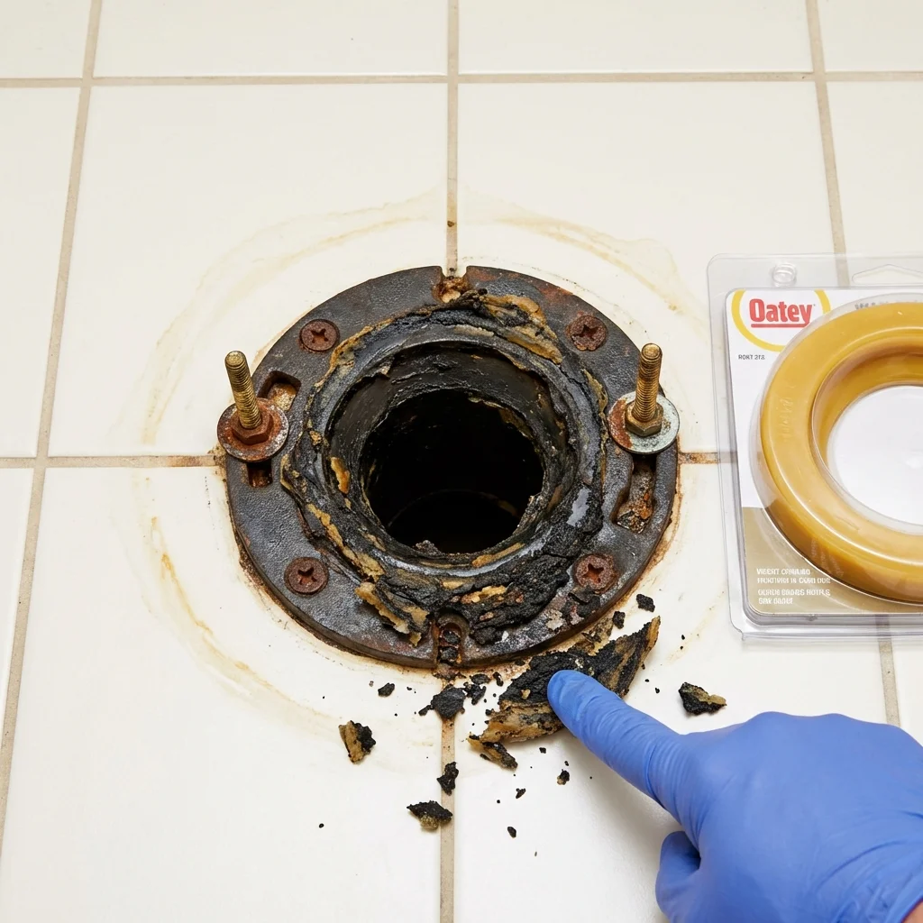 Failed wax ring showing water seepage at the base of a toilet in a Sibley, IA home