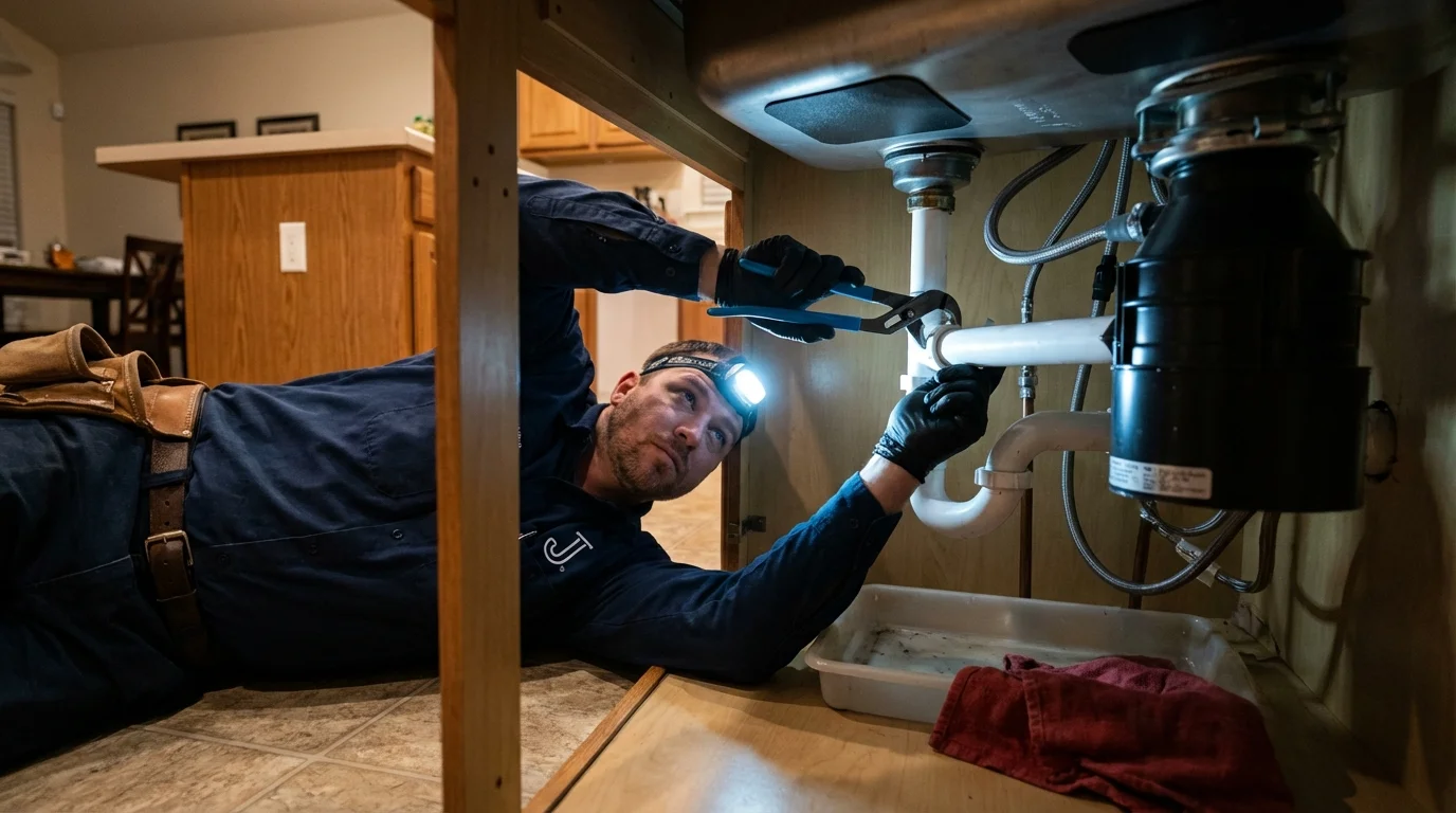 P-trap and supply line connections under a kitchen sink showing a common leak point in Sibley, IA